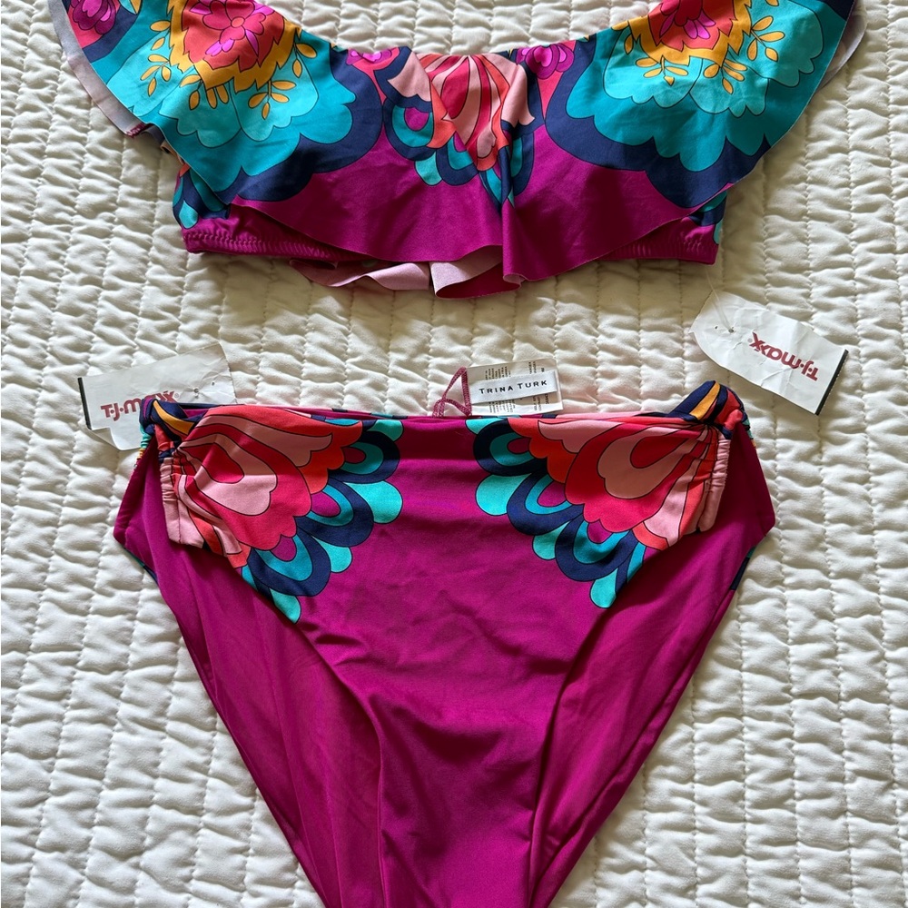 Trina Turk Pink and Blue Floral Bikini Top & Bottom size 4. NWT